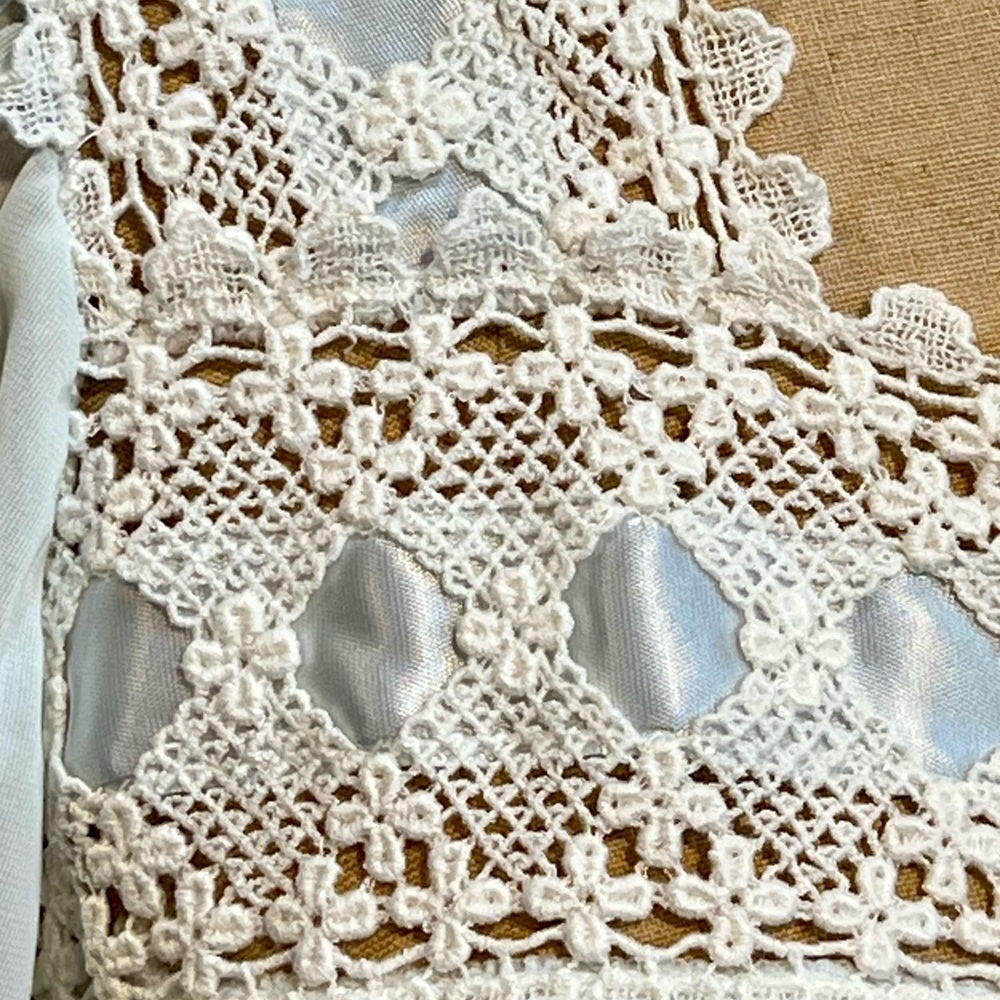 VINTAGE‎ nylon crochet lace ribbon silky nightgown flutter sleeve midi lingerie - Picture 4 of 14